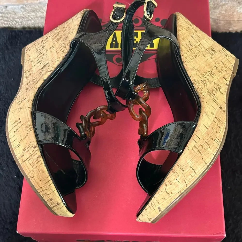 Vaneli Emalee Black Patent Ankle Strap Cork Wedge Peep Toe Sandals Sz 8 - Picture 11 of 11